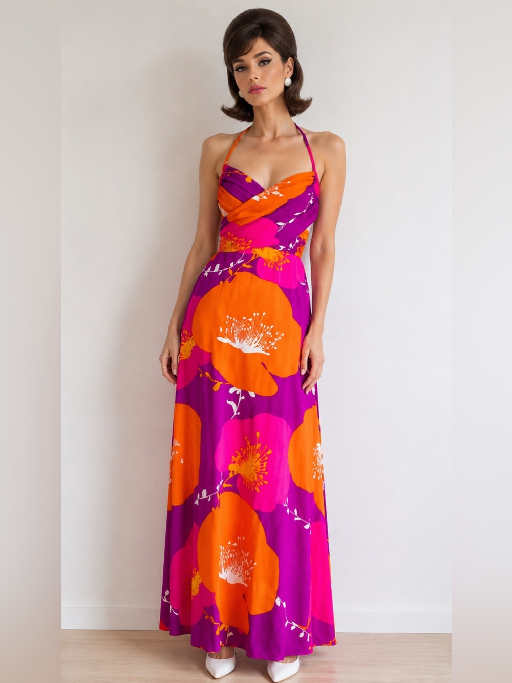 Vintage 60s Waltah Clarks Hawaiian Pink & Orange Floral Halter Maxi Dress- 6